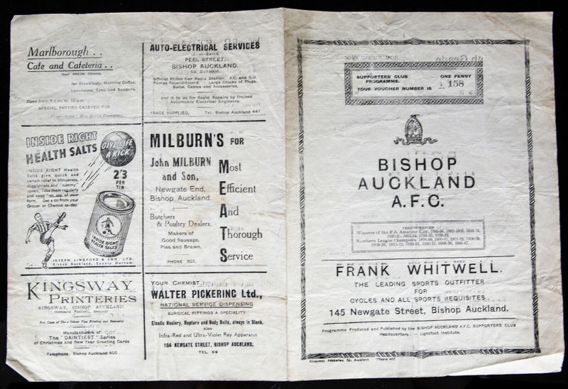WILLINGTON v WEST AUCKLAND, 23/4/1949 BISHOP NORTHERN LEAGUE CUP FINAL PROGRAMME