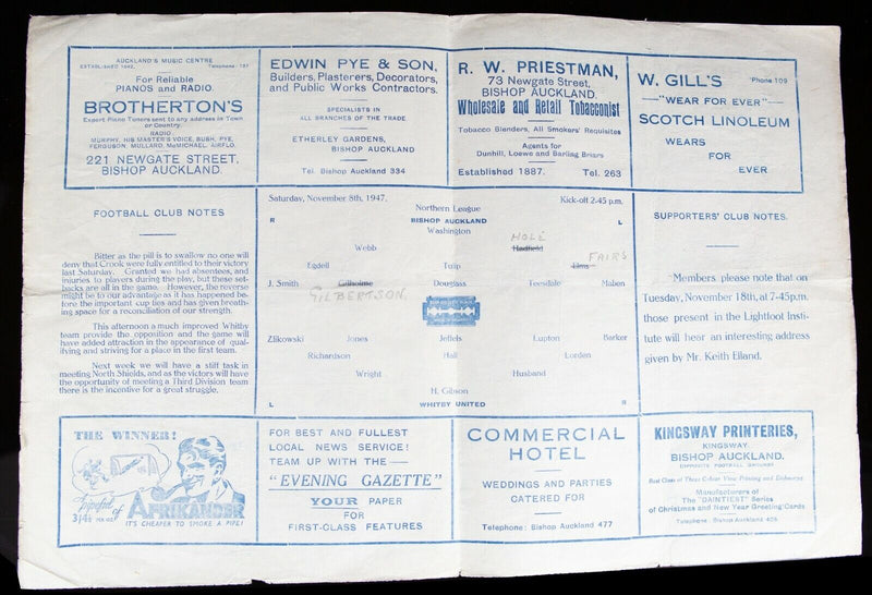 BISHOP AUCKLAND AFC v WHITBY UNITED 8/11/1947 NORTHERN LEAGUE FOOTBALL PROGRAMME