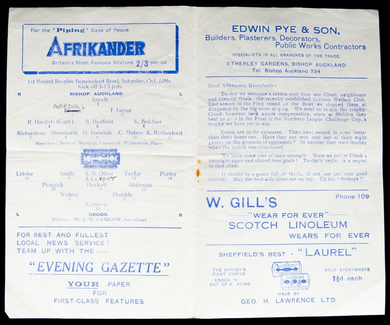 BISHOP AUCKLAND AFC v CROOK, 12/10/1946 DURHAM BOWL 1st ROUND REPLAY PROGRAMME