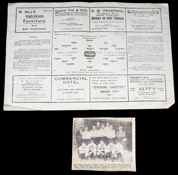 WILLINGTON v WEST AUCKLAND, 23/4/1949 BISHOP NORTHERN LEAGUE CUP FINAL PROGRAMME