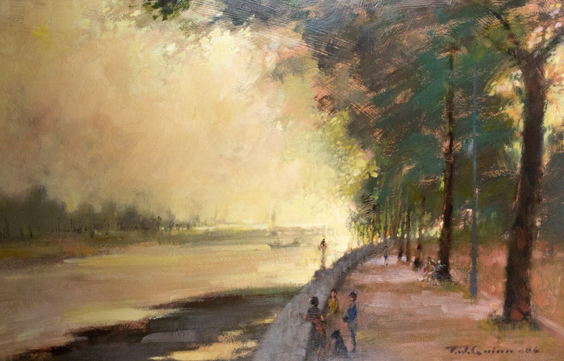 TOM QUINN, FIGURES ALONG THE RIVER, LANDSCAPE, OIL ON BOARD, SIGNED