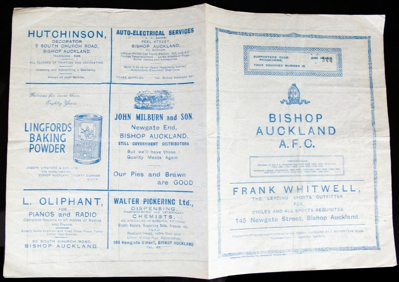 BISHOP AUCKLAND AFC v WEST AUCKLAND, 22/11/1947 DURHAM BOWL SEMI-FINAL PROGRAMME