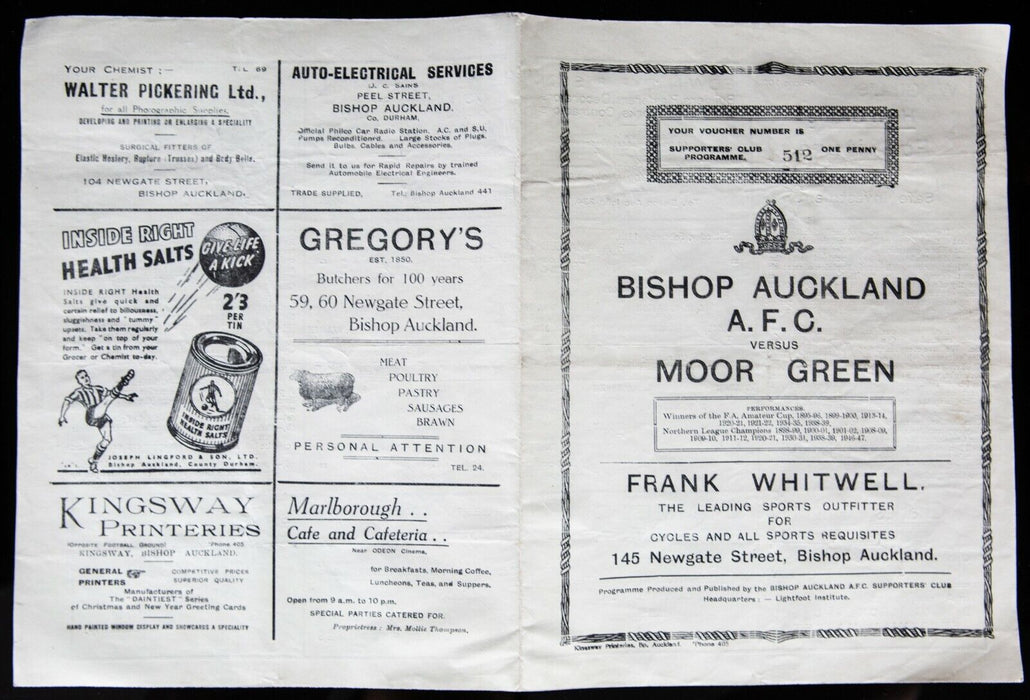 BISHOP AUCKLAND AFC v MOOR GREEN, 11/2/1950 FA AMATEUR CUP 3rd ROUND PROGRAMME