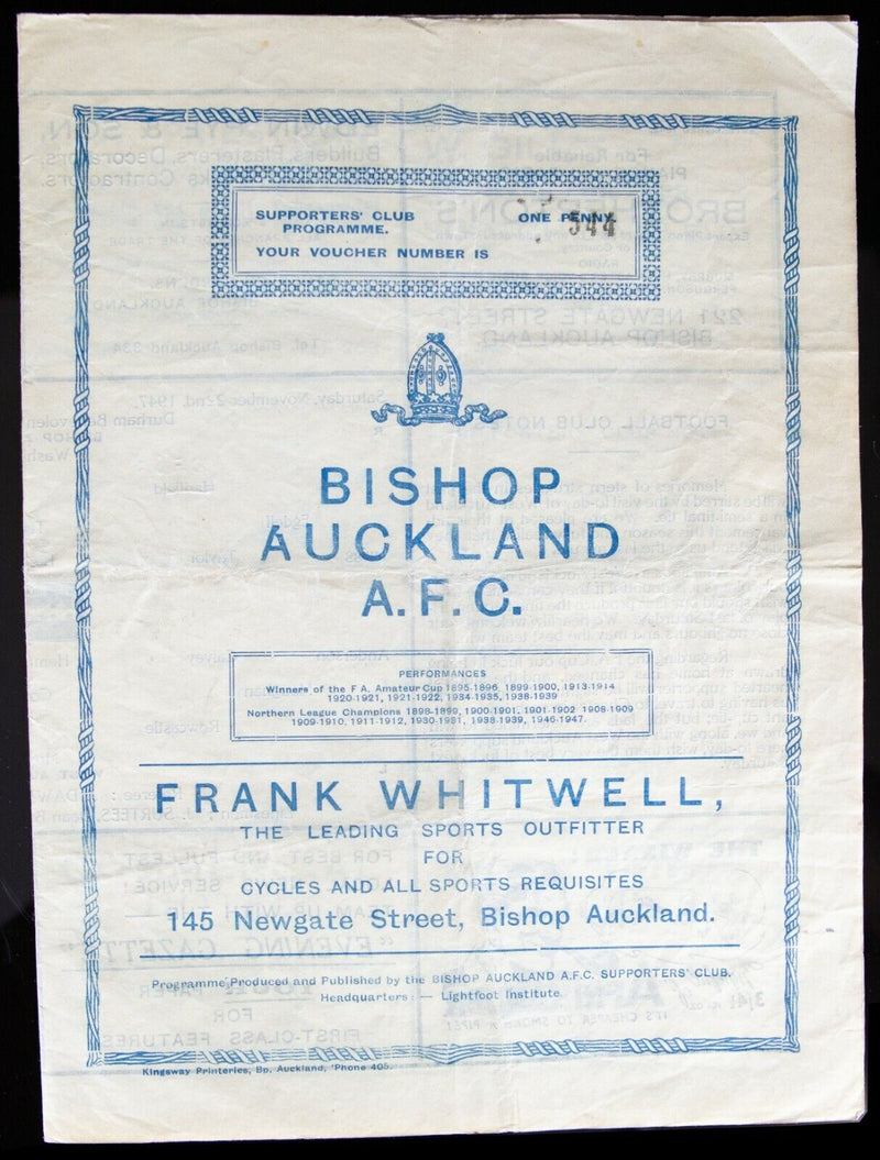 BISHOP AUCKLAND AFC v WEST AUCKLAND, 22/11/1947 DURHAM BOWL SEMI-FINAL PROGRAMME