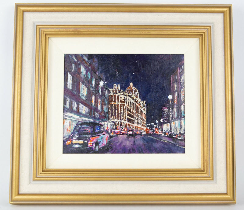 TIMMY MALLETT 'HARRODS AT NIGHT' LONDON CITY, OIL ON BOARD