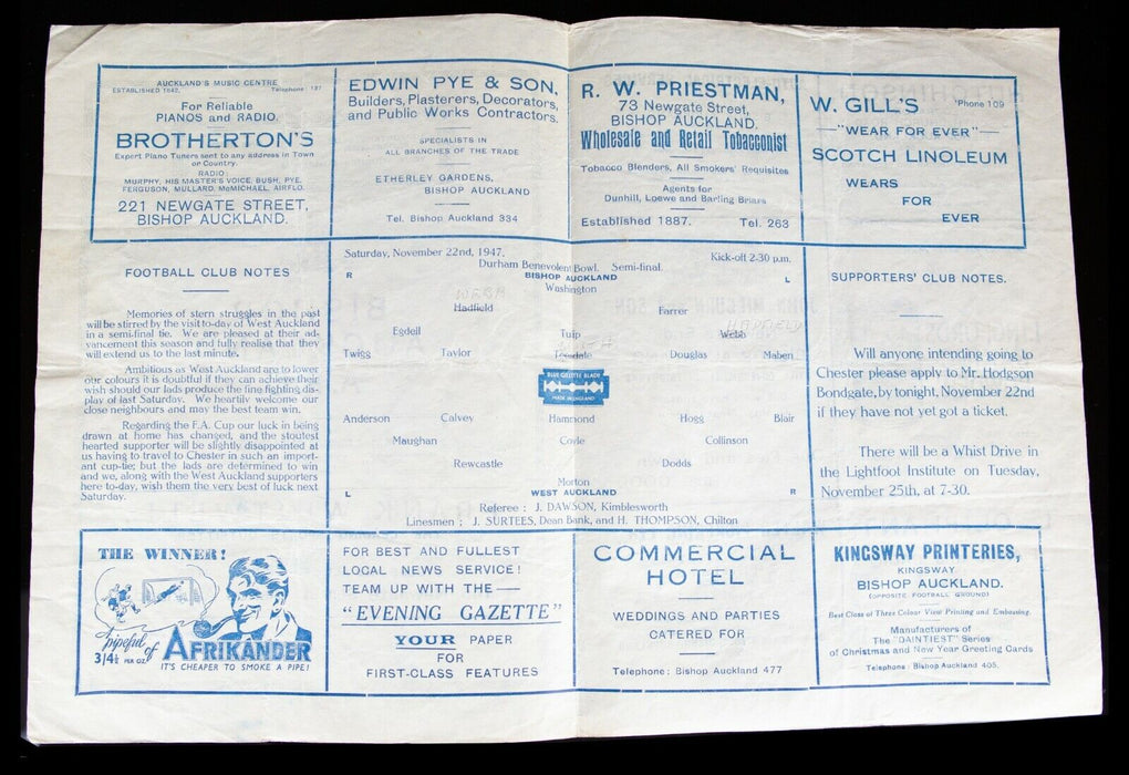 BISHOP AUCKLAND AFC v WEST AUCKLAND, 22/11/1947 DURHAM BOWL SEMI-FINAL PROGRAMME