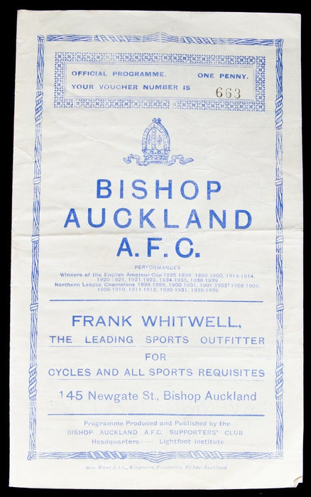 BISHOP AUCKLAND AFC v CROOK, 12/10/1946 DURHAM BOWL 1st ROUND REPLAY PROGRAMME