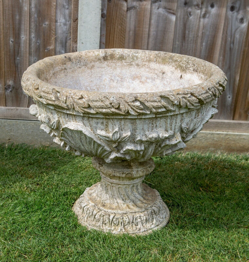 RECONSTITUTED STONE ROUND SHALLOW URN PLANTER ROUND PLINTH BASE GARDEN ORNAMENT