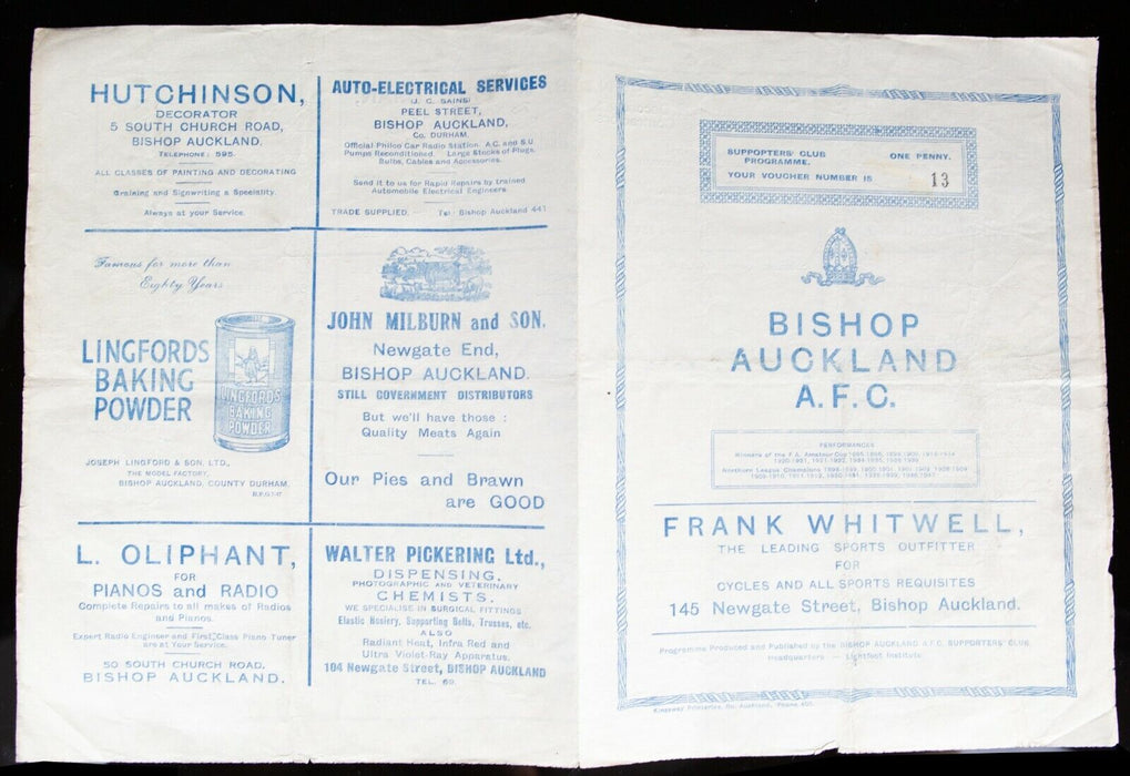 BISHOP AUCKLAND AFC v WHITBY UNITED 8/11/1947 NORTHERN LEAGUE FOOTBALL PROGRAMME