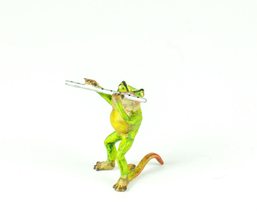 PETRI BRONZE, FROG ON FLUTE, AUSTRIAN COLD PAINTED BRONZE TOAD FIGURE MODEL