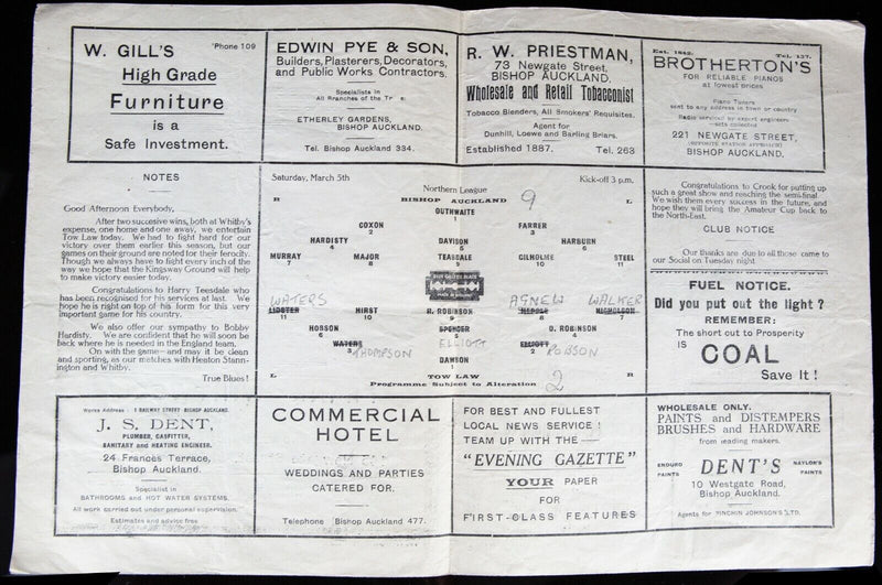 BISHOP AUCKLAND AFC v TOW LAW, 5/3/1949 NORTHERN LEAGUE FOOTBALL PROGRAMME