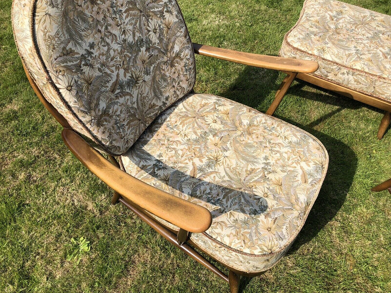 MID-CENTURY RETRO ERCOL WINDSOR No.203 EASY LOUNGE ARM CHAIRS PAIR & FOOTSTOOL