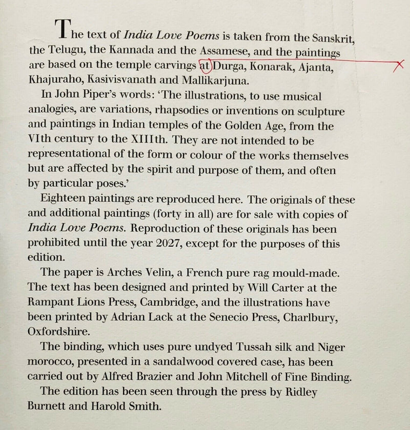 JOHN PIPER, NDIA LOVE POEMS by TRAMBIMUTTU, SAMPLE FOR PROOF SIGNED