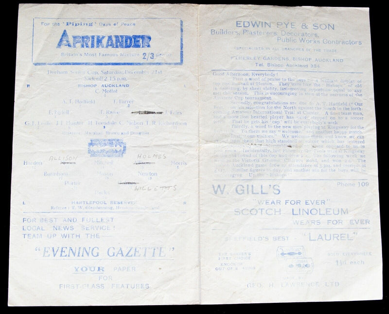 BISHOP AUCKLAND AFC v HARTLEPOOL RESERVES 21/12/1946 DURHAM SENIOR CUP PROGRAMME