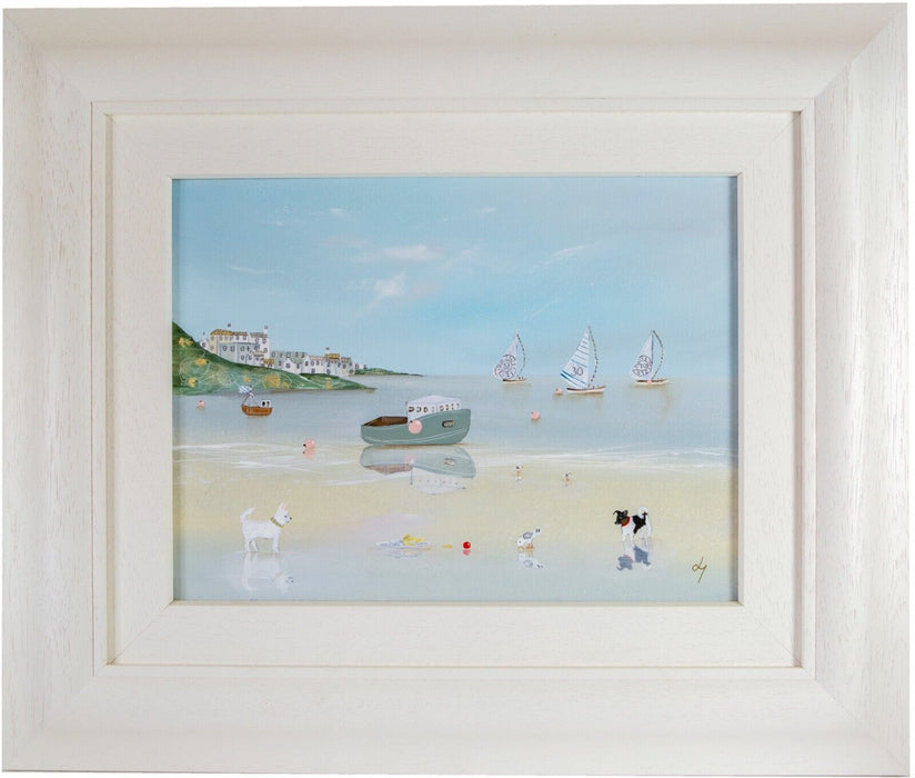 LUCY YOUNG 'PAWS FOR CHIPS' DOGS ON BEACH, OIL ON CANVAS, SIGNED