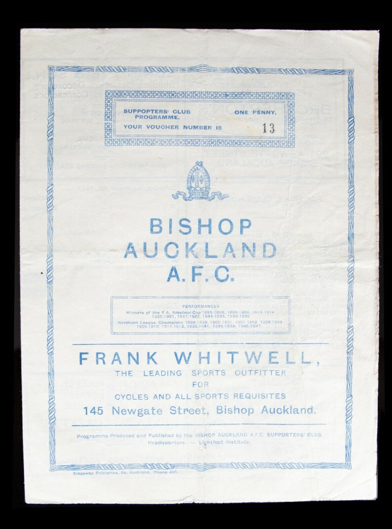 BISHOP AUCKLAND AFC v WHITBY UNITED 8/11/1947 NORTHERN LEAGUE FOOTBALL PROGRAMME