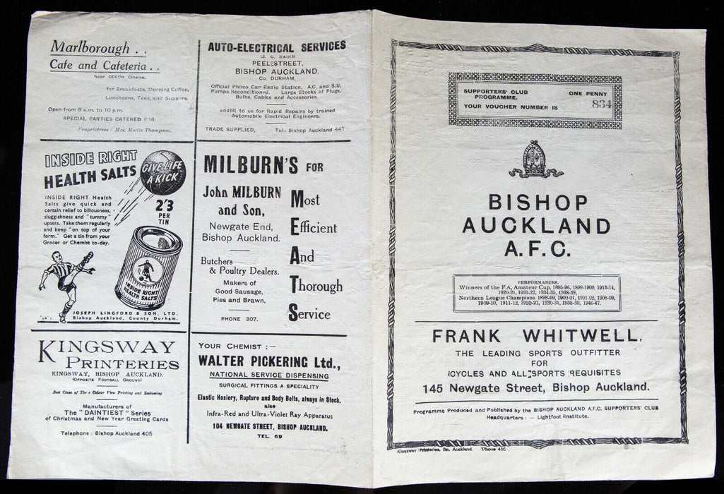 BISHOP AUCKLAND AFC v TOW LAW, 5/3/1949 NORTHERN LEAGUE FOOTBALL PROGRAMME