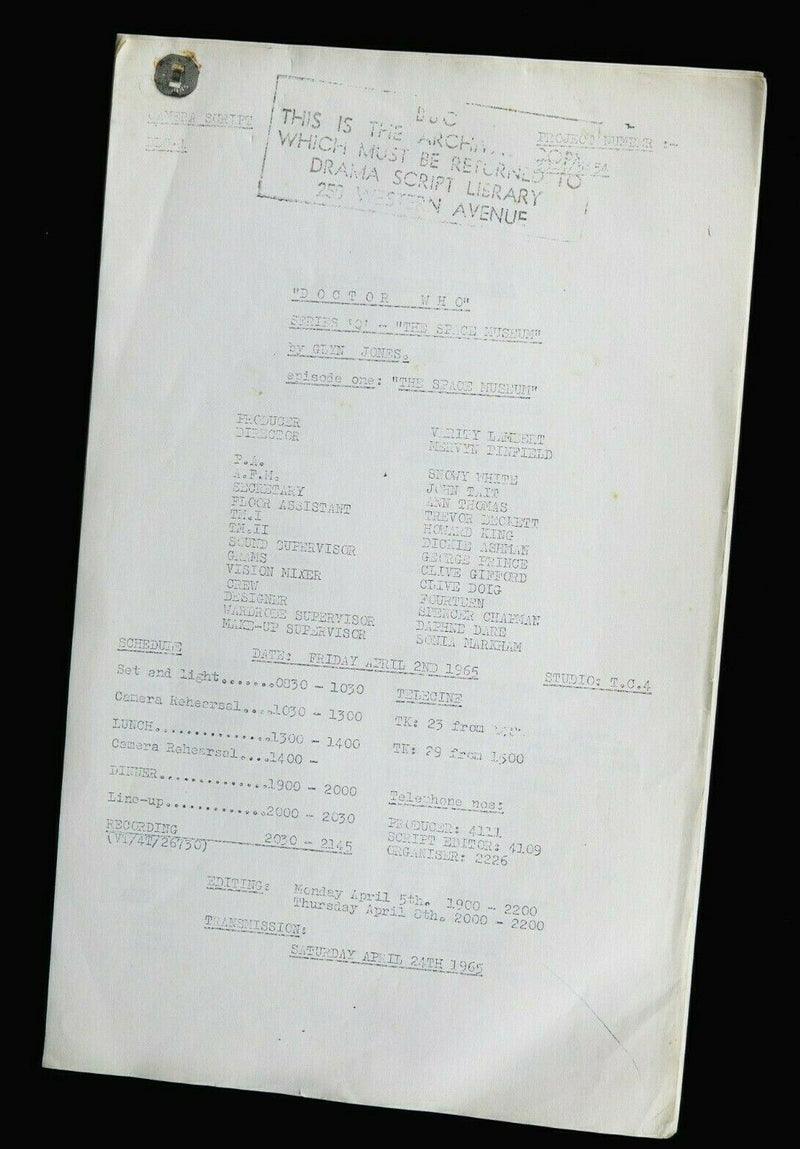 B.B.C DOCTOR WHO 'THE SPACE MUSEUM' 1965 SERIES Q EPISODE 1 SCRIPT BY GLYN JONES