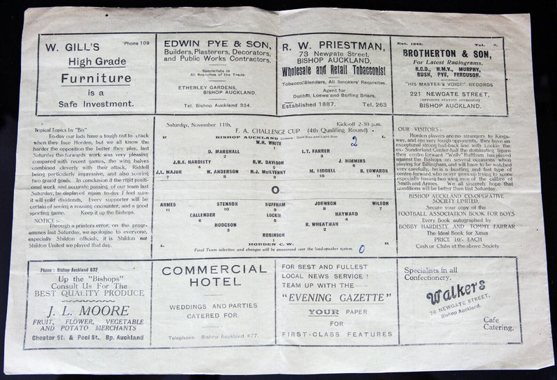 BISHOP AUCKLAND AFC v HORDEN CW, 11/11/1950 FA CHALLENGE CUP 4th QR PROGRAMME