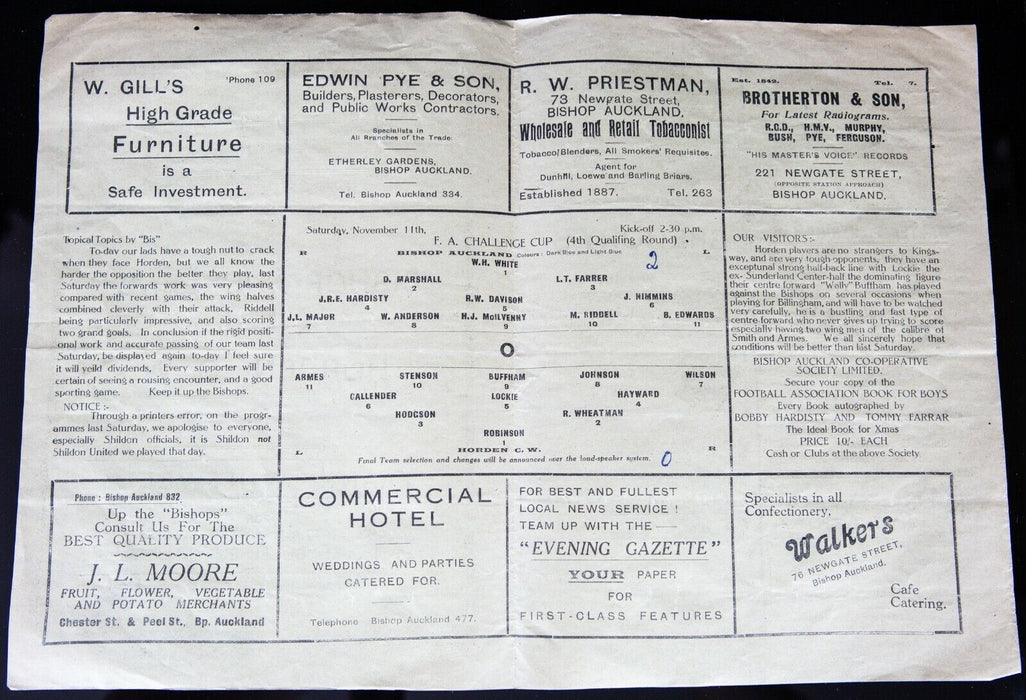 BISHOP AUCKLAND AFC v HORDEN CW, 11/11/1950 FA CHALLENGE CUP 4th QR PROGRAMME