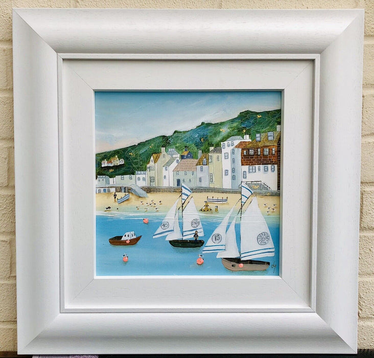 LUCY YOUNG 'AHOY' SAILING BOATS COASTAL SCENE, OIL ON CANVAS PAINTING, SIGNED