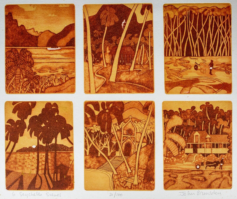 JOHN BRUNSDON 'SIX SEYCHELLES SCENES' LIMITED EDITION ETCHING PRINT, SIGNED