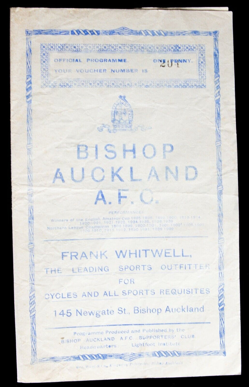 BISHOP AUCKLAND AFC v HARTLEPOOL RESERVES 21/12/1946 DURHAM SENIOR CUP PROGRAMME