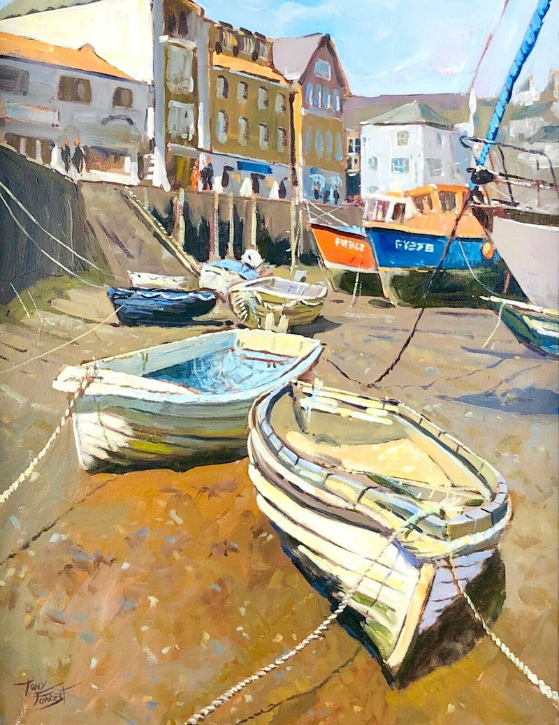 § TONY FORREST 'BOATS ON THE SAND' MEVAGISSEY CORNWALL COASTAL HARBOUR, OIL ON CANVAS, SIGNED