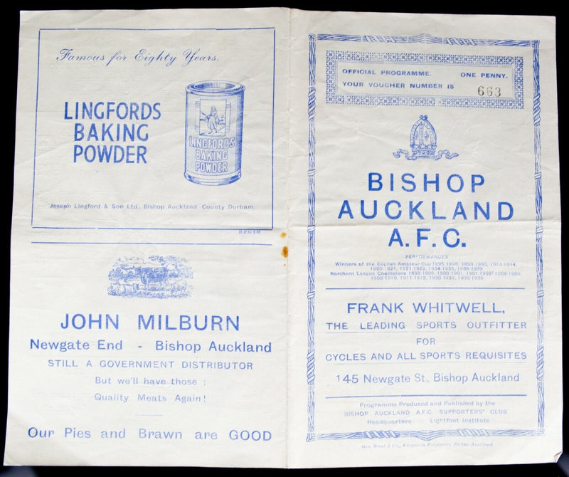 BISHOP AUCKLAND AFC v CROOK, 12/10/1946 DURHAM BOWL 1st ROUND REPLAY PROGRAMME