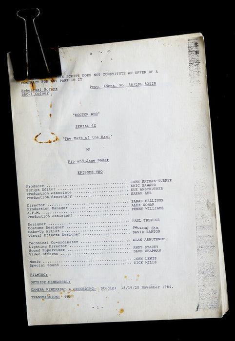 B.B.C DOCTOR WHO 'MARK OF THE RANI' 1984 SERIES 6X EPISODE 2 SCRIPT BY GLYN JONES