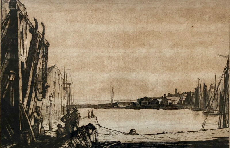 SIR HENRY GEORGE RUSHBURY RA, DOCKYARD HARBOUR SCENE, ETCHING, SIGNED