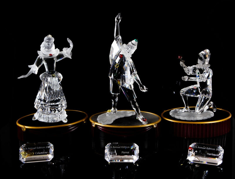 SWAROVSKI CRYSTAL, PIERROT COLUMBINE & HARLEQUIN, MASQUERADE FIGURE ORNAMENT SET