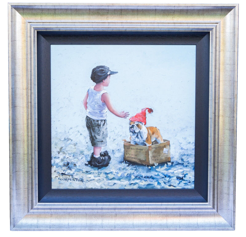 KEITH PROCTOR 'STAY!' BOY & ENGLISH BULLDOG, LARGE ORIGINAL OIL PAINTING, SIGNED