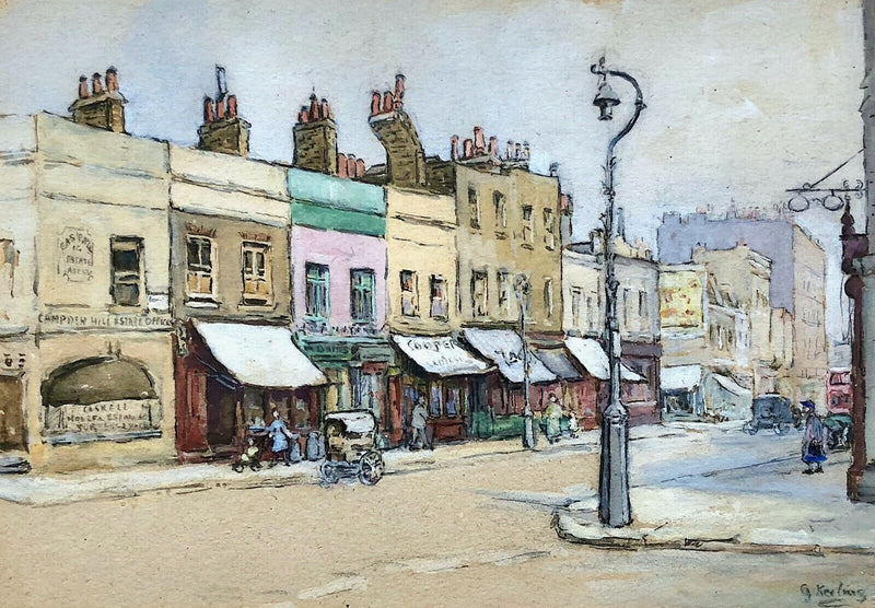 GERTRUDE KEELING, TOWN STREET VILLAGE SHOP SCENE STUDY, GOUACHE, SIGNED