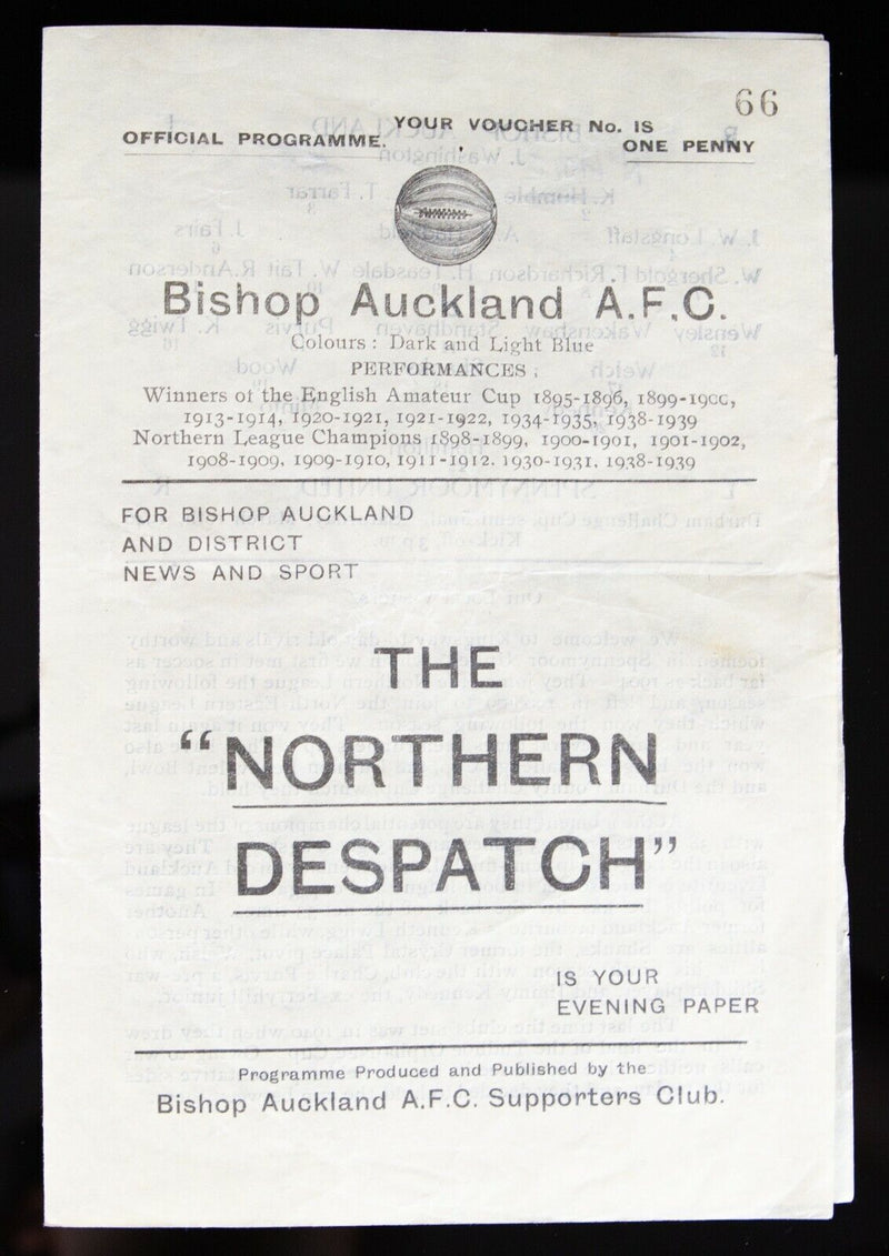 BISHOP AUCKLAND AFC v SPENNYMOOR UNITED, 16/3/1946 DURHAM CUP S/FINAL PROGRAMME