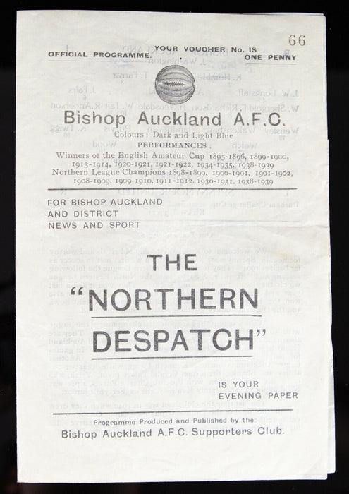 BISHOP AUCKLAND AFC v SPENNYMOOR UNITED, 16/3/1946 DURHAM CUP S/FINAL PROGRAMME