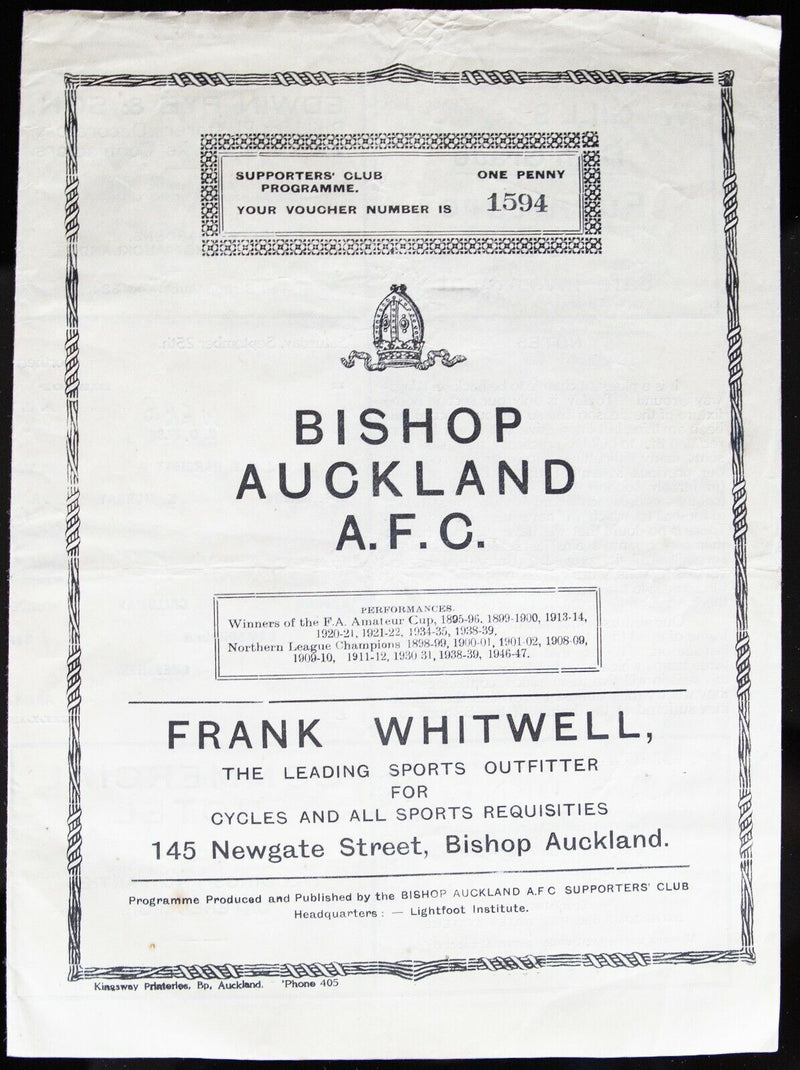 BISHOP AUCKLAND AFC v BILLINGHAM, 25/9/1948 NORTHERN LEAGUE FOOTBALL PROGRAMME