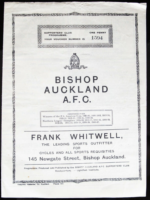 BISHOP AUCKLAND AFC v BILLINGHAM, 25/9/1948 NORTHERN LEAGUE FOOTBALL PROGRAMME