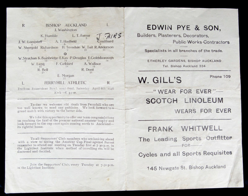 BISHOP AUCKLAND AFC v FERRYHILL ATHLETIC, 6/4/1946 DURHAM BOWL S/FINAL PROGRAMME