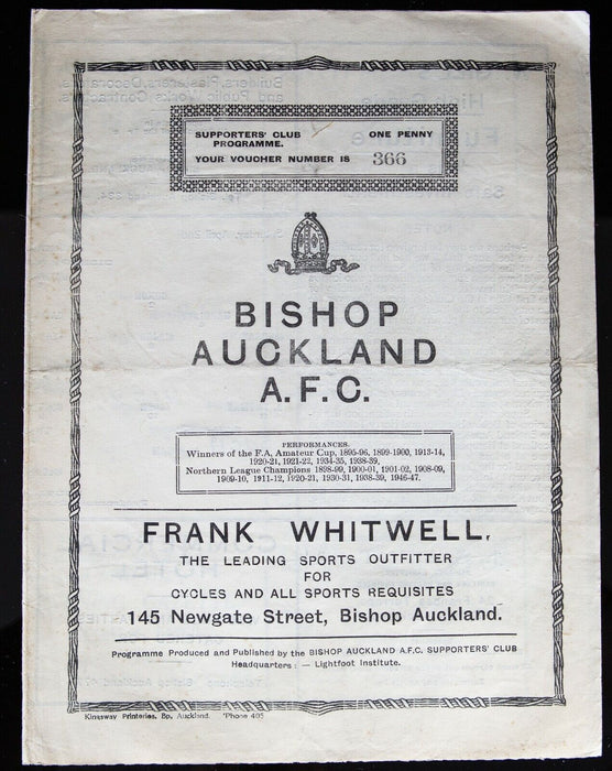 BISHOP AUCKLAND AFC v SOUTH BANK, 2/4/1949 NORTHERN LEAGUE FOOTBALL PROGRAMME