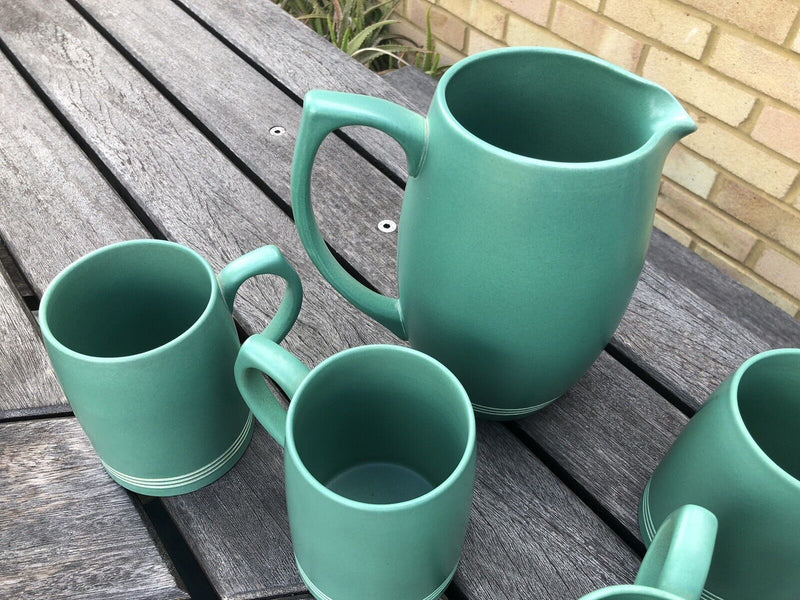 KEITH MURRAY for WEDGWOOD - GREEN LEMONADE JUG PITCHER 3822 & 4x TANKARD MUGS