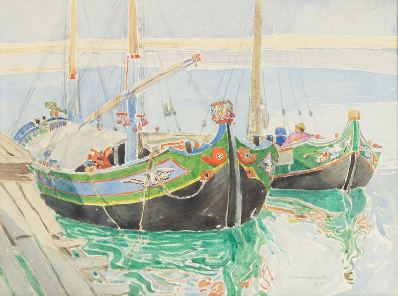 MARY McCROSSAN - VENETIAN BARGES BOAT PORT STUDY, WATERCOLOUR PAINTING, SIGNED