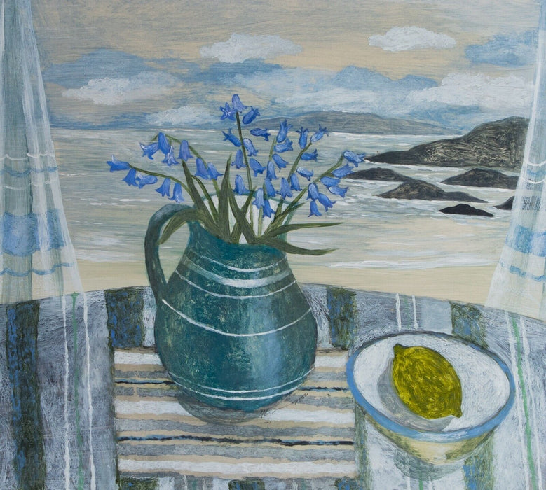 SARAH BOWMAN, BLUEBELLS AND A LEMON, STILL LIFE & SEASCAPE, OIL PAINTING, SIGNED