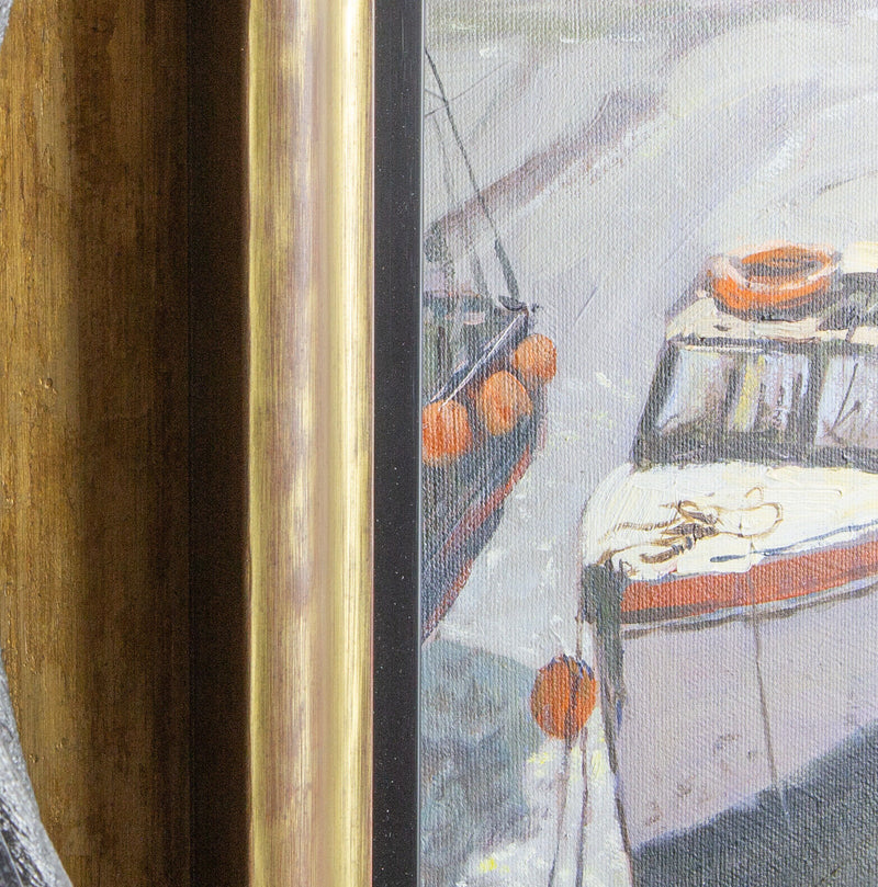 § TONY FORREST 'LOW TIDE' MEVAGISSEY CORNWALL COASTAL HARBOUR BOATS, OIL ON CANVAS, SIGNED