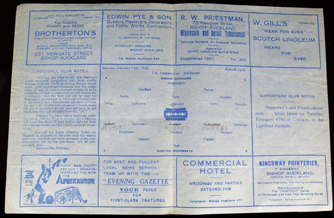 BISHOP AUCKLAND AFC v NORTON WOODSEATS, 14/2/1948 FA AMATEUR CUP 3rd R PROGRAMME