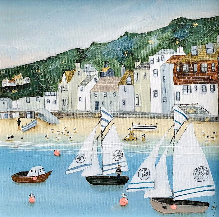 LUCY YOUNG 'AHOY' SAILING BOATS COASTAL SCENE, OIL ON CANVAS PAINTING, SIGNED