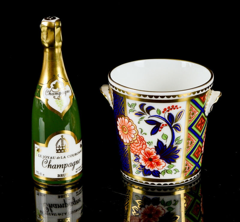 ROYAL CROWN DERBY - IMARI MINIATURE CHAMPAGNE BOTTLE & ICE BUCKET ORNAMENTS