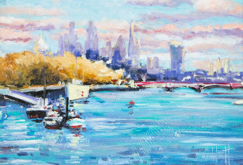 TIMMY MALLETT 'WATERLOO, LONDON' THAMES STUDY, OIL ON BOARD, SIGNED