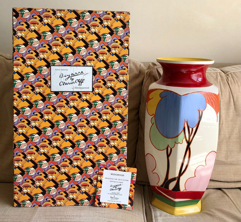 CLARICE CLIFF by WEDGWOOD 'BLUE AUTUMN' BIZARRE HEXAGONAL VASE, BOXED & C.O.A.