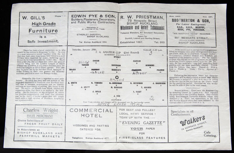 BISHOP AUCKLAND AFC v ILFORD, 28/1/1950 FA AMATEUR CUP 2nd ROUND PROGRAMME